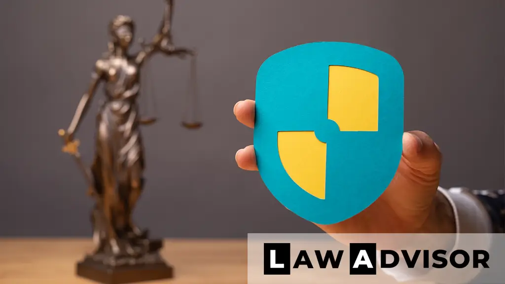 Statue of Lady Justice next to disclaimer sign, symbolizing legal responsibility and content limitations