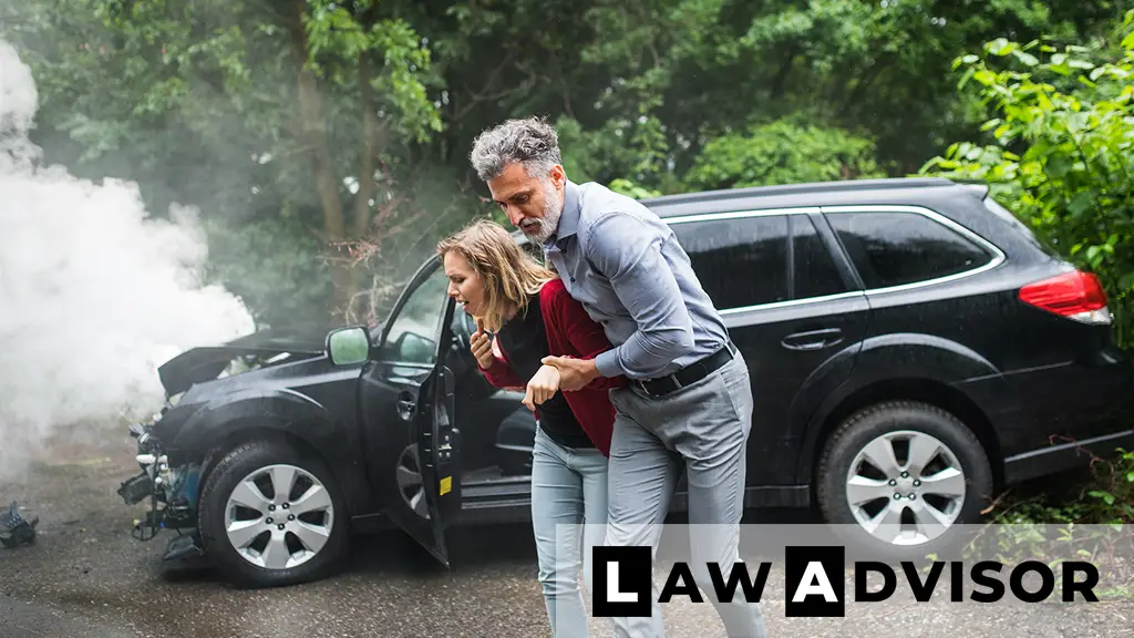 Mature man helping injured young woman walk after car accident